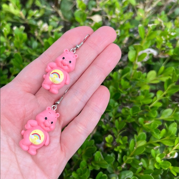 Hand Crafted Jewelry - Rose Pink earrings Care Bears Inspired earrings bear rainbow care bear Hot Pink